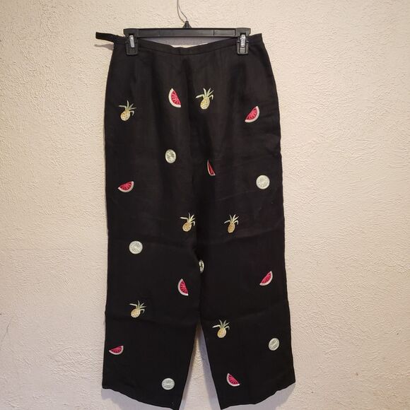 Talbots Crop Pants 8 Women's Irish Linen Black Embroidered Printed Fruit High - Picture 4 of 9